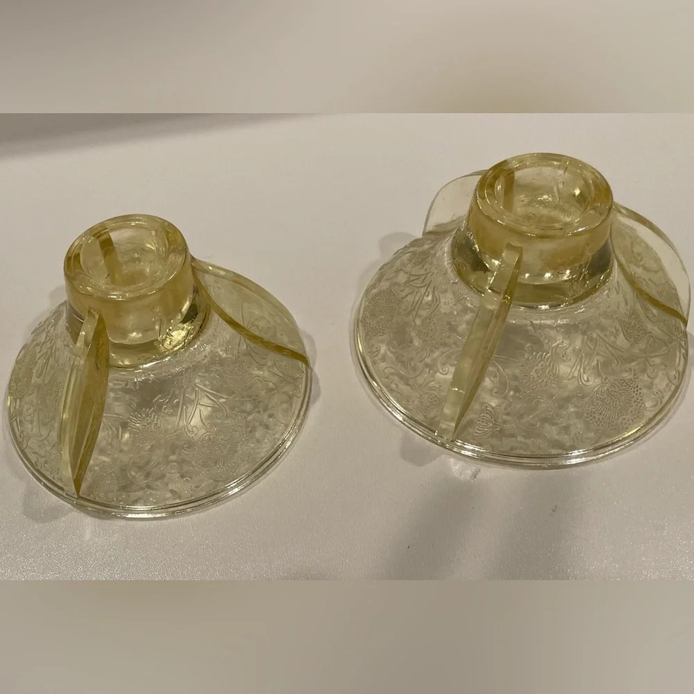 Pair (2) Hazel Atlas Candlestick Holders Yellow “Poppy” Depression Glass | EUC